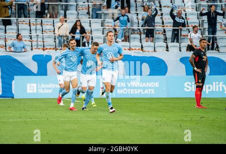 Malmo, Sweden. 03rd Aug, 2021. Soeren Rieks (5) of Malmö FF scores for 1-0 and celebrates with the team mates during the Champions League qualification match between Malmö FF and Rangers FC at Eleda Stadion in Malmö. (Photo Credit: Gonzales Photo/Alamy Live News Stock Photo