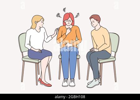 Helping hand and Depression concept. Group of young friends sitting and consoling Young depressed sad frustrated teen girl vector illustration  Stock Vector