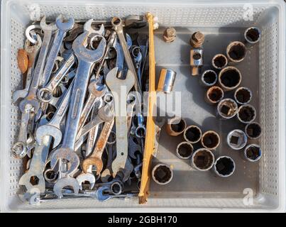 selection of spanners and sockets for sale at a car boot sale, Ayr, Scotland, UK Stock Photo