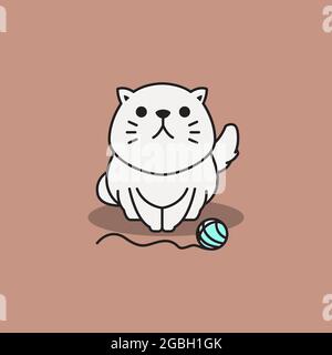 Cute Adorable Persian Cat Kitten Playing Yarn Ball Cartoon Illustration Stock Vector