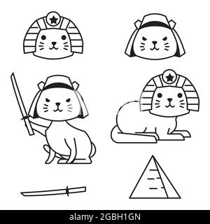 Cute Cat Japan Egypt Outline Monoline Line Doodle Style Illustration Stock Vector