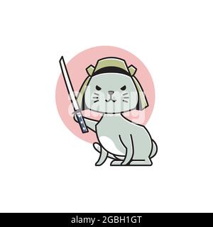 Cute Cat Japanese Samurai Costume Japan Flat Cartoon Illustration Stock Vector