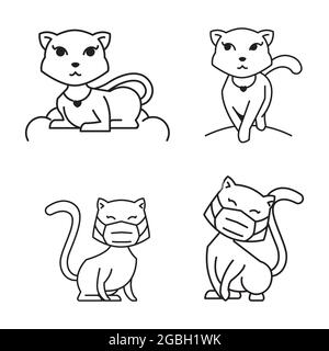 Cute Girl Cat Face Mask Outline Monoline Line Doodle Style Illustration Stock Vector