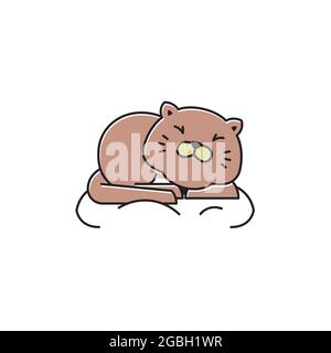 Fat Cat Happy Sit Sleeping on Pillow Flat Cartoon Mascot Illustration Stock Vector
