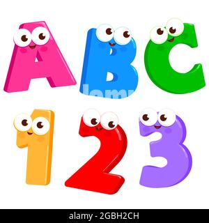 Cartoon Letters ABC and numbers 123 with cute and funny faces. Stock Photo