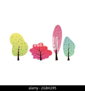 Set of beautiful colorful doodle trees. Gradient illustration of a park or forest for the design of greeting postcards, invitations, motivational card Stock Vector