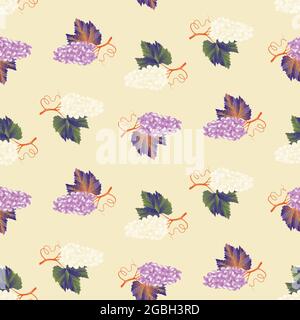 Ripe juicy bunches of white and purple grapes with leaves on a beige background. Cute seamless vector pattern with grapes for fabric, wallpaper Stock Vector