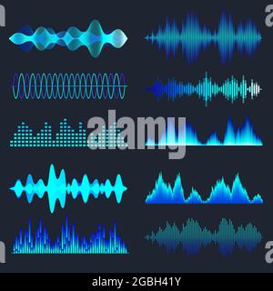 Blue colorful sound waves collection. Analog and digital audio signal. Music equalizer. Interference voice recording. High frequency radio wave Stock Vector