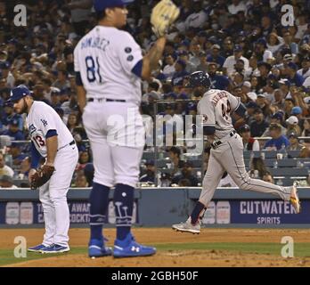 Los Angeles, United States. 04th Aug, 2021. Houston Astros Jordan Alvarez  (44) rounds the bases after hitting a two-run homer off Los Angeles Dodgers  relief pitcher Victor Gonzalez during the 8th inning