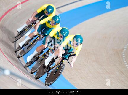 Australia's Kelland O'Brien, Lucas Plapp, Sam Welsford, and Leigh Howard take bronze in the Men's Team Pursuit during the Track Cycling at the Izu Velodrome on the twelfth day of the Tokyo 2020 Olympic Games in Japan. Picture date: Wednesday August 4, 2021. Stock Photo