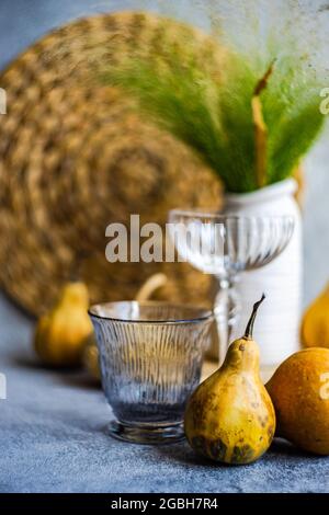 Rustic autumnal table setting with pumpkins for Thanksgiving Stock Photo