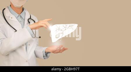 Female doctor holding virtual Gall Bladder in hand. Handrawn human organ, copy space on right side, beige color. Healthcare hospital service concept s Stock Photo