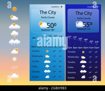 Day and night landscape illustration with sun, moon, stars ,clouds. Weather app user interface design Stock Vector