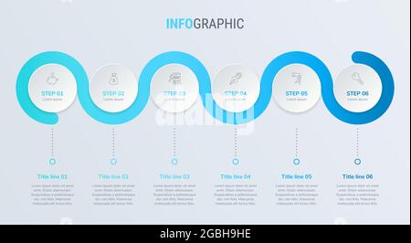 Blue timeline infographic design vector. 6 options, circle workflow layout. Vector infographic timeline template. Stock Vector