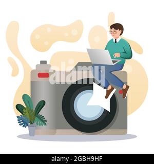 Photography. Isolated flat style colored illustration. School lessons. Training photos. Stock Vector