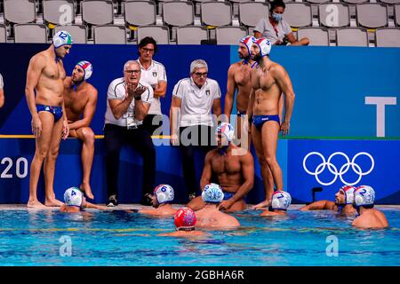 TOKYO, JAPAN - AUGUST 4: Vincenzo Dolce of Italy, Niccolo Figari of Italy, Pietro Figlioli of Italy, Head Coach Allessandro Campagna of Italy, Amedeo Pomilio of Italy, Allessandro Velotto of Italy, Michael Bodegas of Italy Gonzalo Echenique of Italy, Nicholas Presciutti of Italy, Stefano Luongo of Italy, Vincenzo Renzuto of Italy during the Tokyo 2020 Olympic Waterpolo Tournament Men Quarterfinal match between Team Italy and Team Serbia at Tatsumi Waterpolo Centre on August 4, 2021 in Tokyo, Japan (Photo by Marcel ter Bals/Orange Pictures) Stock Photo