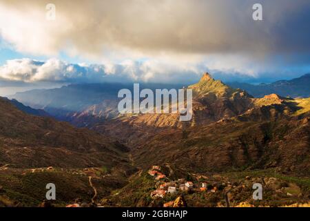 Roque Bentayga on Gran Canaria, Canary Islands, Spain around sunset Stock Photo