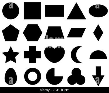 Vector geometric shape design set. Simple 2D collection of basic star, square, circle, triangle, rectangle, pyramid, polygon, trapezoid, octagon, hexa Stock Vector