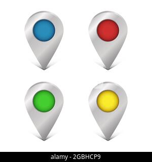 Map pin icon set. Empty location pointer. Vector illustration isolated on white background. Navigation tag template with shadow in four colors: red, g Stock Vector