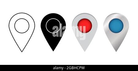 Set of pointers few types pins on map. Location marker or gps element isolated on white background. Stock Vector