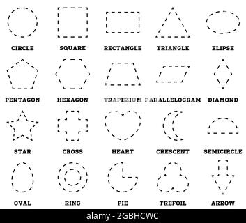 Learn shapes and geometric figures. Preschool or kindergarten worksheet for practicing motor skills. Tracing dashed lines. Vector illustration Stock Vector