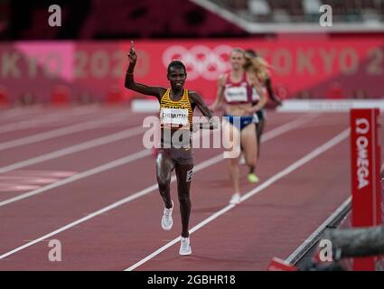 August 4, 2021: Peruth Chemutai winning 3000 meter steeplechase for women at the Tokyo Olympics, Tokyo Olympic stadium, Tokyo, Japan}. Kim Price/CSM Stock Photo