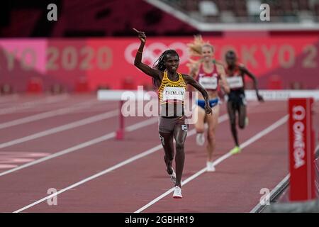 August 4, 2021: Peruth Chemutai winning 3000 meter steeplechase for women at the Tokyo Olympics, Tokyo Olympic stadium, Tokyo, Japan}. Kim Price/CSM Stock Photo