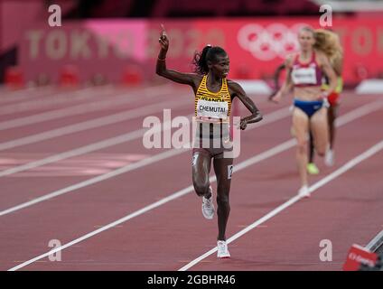 August 4, 2021: Peruth Chemutai winning 3000 meter steeplechase for women at the Tokyo Olympics, Tokyo Olympic stadium, Tokyo, Japan}. Kim Price/CSM Stock Photo