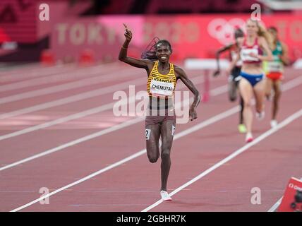 August 4, 2021: Peruth Chemutai winning 3000 meter steeplechase for women at the Tokyo Olympics, Tokyo Olympic stadium, Tokyo, Japan}. Kim Price/CSM Stock Photo