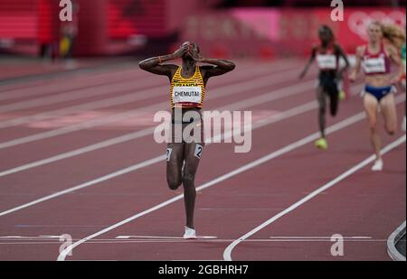 August 4, 2021: Peruth Chemutai winning 3000 meter steeplechase for women at the Tokyo Olympics, Tokyo Olympic stadium, Tokyo, Japan}. Kim Price/CSM Stock Photo