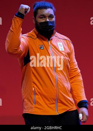 TOKYO, JAPAN - AUGUST 4: Enzo Kofi Kuworge of The Netherlands competing on +109kg Group A during the Tokyo 2020 Olympic Games at the Tokyo International Forum on August 4, 2021 in Tokyo, Japan (Photo by Ronald Hoogendoorn/Orange Pictures) NOCNSF Stock Photo