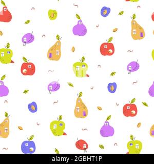 Funny caterpillar houses made of apples, plums, pears. Seamless pattern. Stock Vector