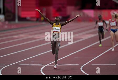 August 4, 2021: Peruth Chemutai winning 3000 meter steeplechase for women at the Tokyo Olympics, Tokyo Olympic stadium, Tokyo, Japan}. Kim Price/CSM Stock Photo