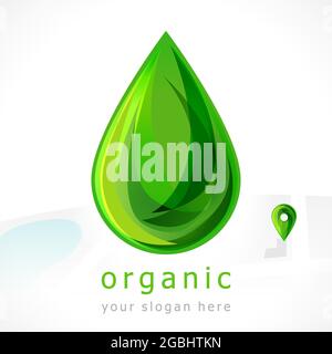 Green drop and navigator arrow. Sign of organic and healthcare products. Logotype concept. Isolated abstract graphic design template. Corporate health Stock Vector