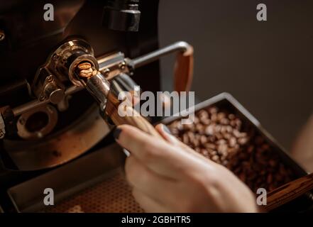 Male worker using industrial coffee roasting machine Stock Photo