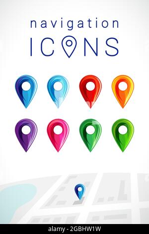 Set of 3D location icons. Color map arrows, logotypes collection, creative branding identity concepts. Red, shiny gold, yellow, green, blue and purple Stock Vector