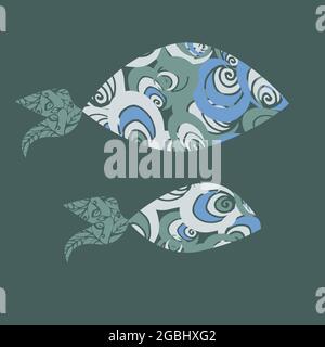 Two fish of gray-green color. Simple vector marine cartoon illustration Stock Vector