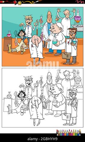 Cartoon illustration of scientists or inventors comic characters in laboratory coloring book page Stock Vector