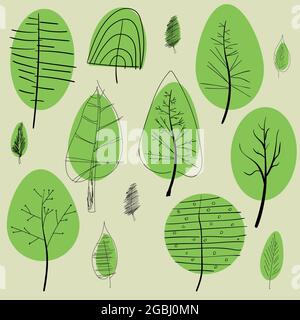 Set of vector childrens sketches of trees symbols. Vector illustration. Stock Vector