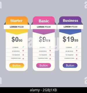 Collection of pricing plans for websites and applications. Hosting table banner. Vector illustration Stock Vector