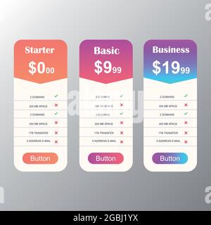 Collection of pricing plans for websites and applications. Hosting table banner. Vector illustration Stock Vector