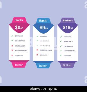Collection of pricing plans for websites and applications. Hosting table banner. Vector illustration Stock Vector