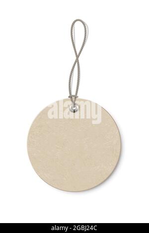 Blank beige round paper price tag isolated on transparent background. Circle shape label with ropes. Cardboard empty style sticker for sale or gift ha Stock Vector
