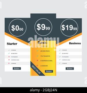 Collection of pricing plans for websites and applications. Hosting table banner. Vector illustration Stock Vector
