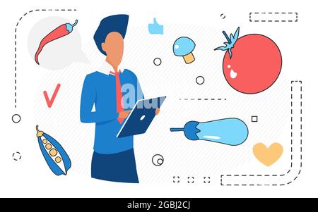 Fresh healthy vegetable in online market, grocery shopping vector illustration. Cartoon man character holding phone, using shop app, farmer market and local food delivery concept isolated on white Stock Vector
