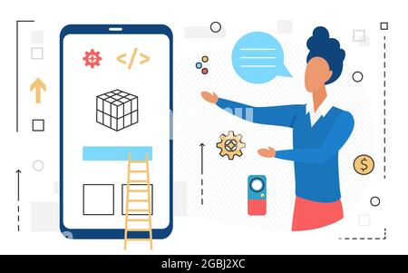 Business challenge and solution, people overcome difficult problem vector illustration. Cartoon man character standing with giant mobile phone and ladder, overcoming business task isolated on white Stock Vector