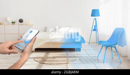 Interior designer working on home decor plan in smartphone house modelling app, collage with mesh grid models Stock Photo