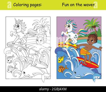 Cute boy and unicorn surf on the waves. Coloring book page for children with colorful template. Vector cartoon isolated illustration. For coloring boo Stock Vector