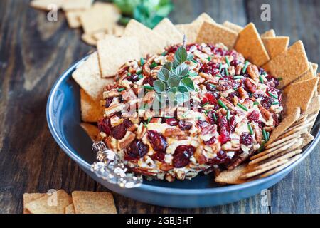 Top view of fresh homemade cranberry cheese spread made with cream cheese, cheddar, dried cranberries, pecans, and chives and garnished with oregano o Stock Photo