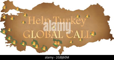 Big disaster wildfire in all regions in Turkey. Halp call for destruction of nature from fire. Vector illustration Stock Vector